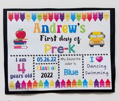 a bulletin board with school colors and writing on it that says andrews's first day of prek