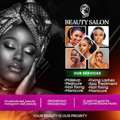 a flyer for a beauty salon with an image of a woman