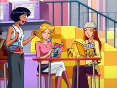 the cartoon characters are talking to each other in front of a table with two women sitting at it