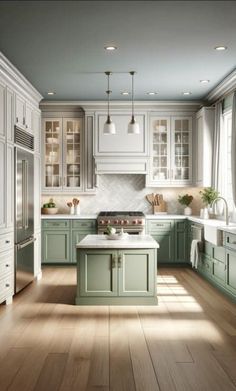 a large kitchen with green cabinets and white counter tops, along with wooden flooring