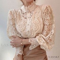 Lasaky - Luxurious Long Sleeve Top for Women with Intricately Designed Patterns Uni Style, Top In Pizzo, Mode Retro, Stand Collar Shirt, Patch Work Blouse, White Shirts Women, Petal Sleeve, Turtleneck Shirt, Chiffon Fashion