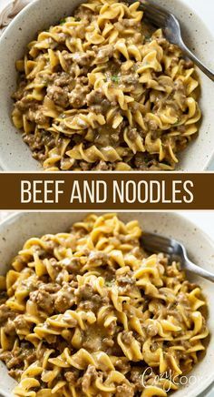 beef and noodle casserole in a white bowl with a spoon on the side