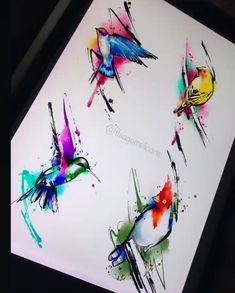 four colorful birds painted on white paper