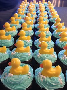 many cupcakes with yellow rubber ducks on them