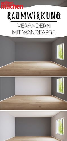 an empty room with windows and wood flooring is shown in three different stages, including the