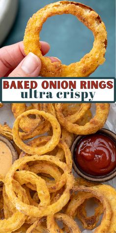 onion rings with ketchup and mustard on the side