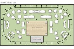 the floor plan for an event venue with tables and chairs, seating areas, and benches