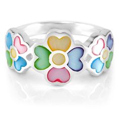 * STAMPED 925 STERLING SILVER - This beautiful flower ring is made from the finest sterling silver as hallmarked with the 925 metal stamp. 925 sterling silver is made from 92.5% silver and 7.5% copper. The copper is added to stabilize the silver so that it can hold its beautiful shape and inlaid with multi-colored mother of pearl for a beautiful look. * NICKEL AND LEAD FREE - This beautiful ring is designed with absolutely no nickel or lead, making it safe for girls and women with nickel and lea Multicolor Flower-shaped Anniversary Rings, Sterling Silver Jewelry With 3d Flower Design, Sterling Silver Jewelry With 3d Flowers In Silver, Silver Jewelry With 3d Flowers For Gift, Silver Flower Enamel Ring As A Gift, Silver Flower-shaped Rings For Gift, Silver Flower Rings For Gift, Hallmarked Flower Shaped Ring As A Gift, Hallmarked Flower Ring As Gift