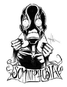 a black and white drawing of a demon with the words somafia on it