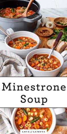 two bowls of minestone soup with bread on the side