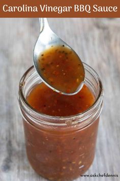 a spoon full of bbq sauce on top of a wooden table with text overlay