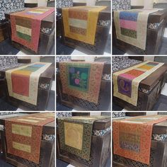 six different pictures of an old wooden box with many colors and designs on the sides