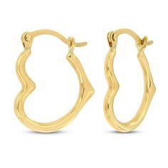 Romantic and sentimental, these earrings feature an open heart design fashioned in 14K yellow gold. The earrings secure with hinged backs. Elegant Everyday Huggie Earrings For Valentine's Day, Elegant Valentine's Day Huggie Earrings, Elegant Hypoallergenic Huggie Heart Earrings, Elegant Small Hoop Earrings For Valentine's Day, Elegant Small Hoop Heart Earrings For Anniversary, Elegant Huggie Earrings For Valentine's Day, Small Hoop Earrings For Anniversary On Valentine's Day, 14k Gold Heart Pierced Earrings, Elegant Huggie Earrings With Heart Charm For Anniversary