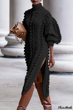 Split Sweater, Mandarin Collar Dress, Sweater Dress Casual, Looks Black, Knit Turtleneck Sweater, Straight Dress, Long Sleeve Turtleneck, Knit Midi