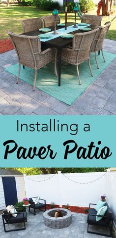 an outdoor fire pit with chairs around it and text overlay that reads installing a power patio