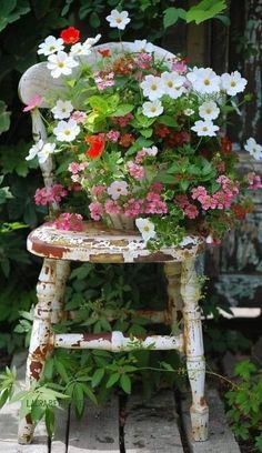 an old chair with flowers growing out of it