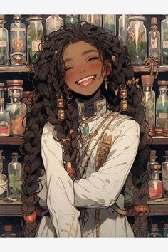 a woman with long hair standing in front of shelves full of bottles and jars on display