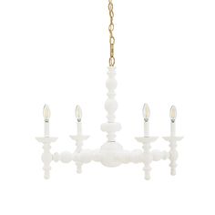 a white chandelier with five lights hanging from it's sides and a gold chain