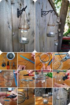 several pictures of mason jars hanging on a fence with scissors and other items around them