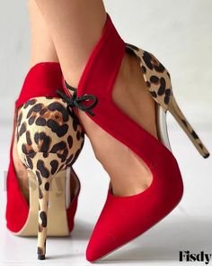 Fisdy - Bombas de tacón de aguja con estampado de leopardo y detalle de lazo en contraste chic Look Festival, Womens Stilettos, Pumps Heels Stilettos, Chic Type, Stiletto Sandals