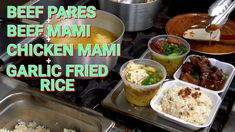 there are many dishes on the stove with rice and meats in bowls next to each other