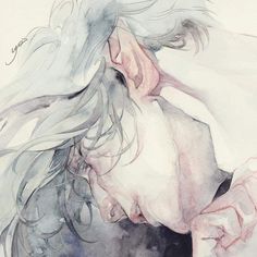 a watercolor painting of a woman with her hair blowing in the wind and eyes closed