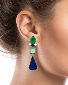 Introducing these earring with a sleek silhouette and a harmonious color combination of semi-precious stones. They offer four different ways to wear them. Designed to seamlessly adapt to an active lifestyle, they're both stylish and functional, perfect for any occasion. SKU: SED-2D-21 Lapis, Green Onyx & Blue Quartz Semi-precious stones Measures: 3" x 3/4" Convertible 2-ways 14K Gold Plated over 925 Sterling Silver Handmade in New York City Made to order Interchangeable Earrings, Felt Pouch, French Clip, Blue Quartz, Quartz Earrings, Semi Precious Stones, Green Onyx, Active Lifestyle, Color Combination