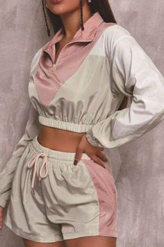 Zip-up Cropped Sweatshirts with Shorts Suit Sets Casual Patchwork Sets For Loungewear, Casual Loungewear Sets With Patchwork, Casual Long Sleeve Activewear For Summer, Casual Long Sleeve Summer Activewear, Patchwork Top For Summer Loungewear, Pink Patchwork Long Sleeve Sets, Pink Long Sleeve Patchwork Sets, Trendy Patchwork Tops For Loungewear, Casual Pink Patchwork Sets