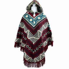 Find more colors and patterns here: https://www.etsy.com/shop/LatinAmericanBoutiq?ref=seller-platform-mcnav&search_query=v+poncho Stay cozy and stylish this fall and winter season with this stunning outerwear piece. This beautiful hooded poncho is the perfect addition to your wardrobe, combining the best of traditional poncho design with a modern twist. Handcrafted with love, this cloak is made from high-quality wool fabric, ensuring warmth and comfort in chilly weather. Its versatile style make Red Bohemian Hooded Poncho, Red Hooded Bohemian Poncho, Winter Multicolor Poncho With Tassels, Bohemian Multicolor Hooded Cape, Multicolor Bohemian Hooded Cape, Multicolor Tassel Poncho For Winter, Bohemian Hooded Cape One Size, Poncho Winter, Poncho Design