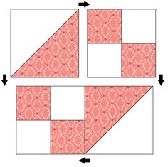 the quilt block is cut into squares and placed on top of each other, with arrows pointing