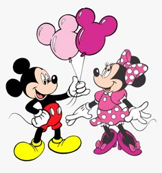 mickey and minnie mouse with balloons in their hands, one holding the other's hand