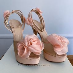 Blush Peachy Colored Floral Platform Heels By Charlotte Olympia. Style Is Called "Fleur". Worn Only On My Wedding Day. Soles Of Shoes Have A Nude Rubber Bottom. There Is Some Discoloring On The Back Top Of Heel And A Couple Small Spots On Some Of The Back Flowers/Ankle Area. But Otherwise They Are In Great Condition! Comes With Original Box And The Dust Bag. (Box Has Tear On Corner And Packing Tape On Bottom From Movers.) Underneath Is Signed By Charlotte Olympia From An In-Store Shopping Event At Nordstroms. Shoes Were Purchased From Neiman Marcus. Charlotte Olympia Shoes, My Wedding Day, Shopping Event, Packing Tape, By Charlotte, Charlotte Olympia, My Wedding, Platform Heels, Shoes Heels Boots