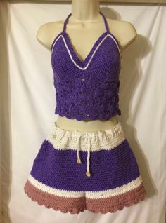 Unique and one of kind casual!  Soft &  skin-friendly wear-resistant and stretchable where needed.  Streetwear, sports, party, beach, designed to highlight your body curves and deliver fashion.  May wear each piece separately.  Machine wash & dry.  "B" cup, Size: M, Color:   Purple/White/Rose Crochet Shorts Set, Crochet Halter Top Pattern, Halter Top Pattern, Crochet Shorts, Sports Party, Crochet Halter, Crochet Halter Tops, Body Curves, B Cup