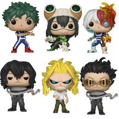 four pop vinyl figures of anime characters with different hair colors and facial expressions, one is wearing