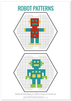 two cross stitch robot patterns on white paper with text that reads,'robot patterns '