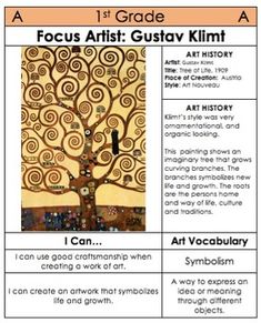 a poster with an image of a tree and the words focus artist gust klimt