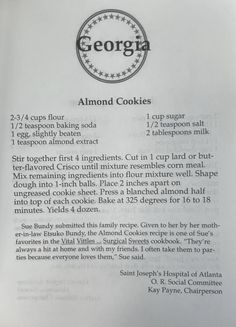 the recipe for almond cookies is shown in an open book with instructions on how to make it