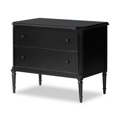 a black dresser with two drawers on one side and an open drawer on the other