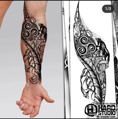 two different tattoos on the arms and legs, one is black and white with an intricate design