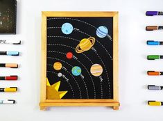 a chalk board with different colored crayons on it