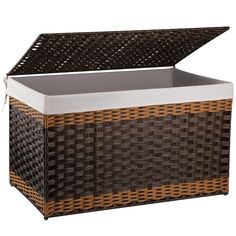 an outdoor wicker storage box with brown and white stripes on the lid, open