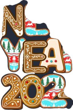 the word new year is spelled out in gingerbread letters and decorated with snowflakes