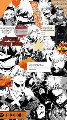 an image of anime characters collaged in black and white with orange highlights on them