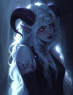 a woman with long white hair and horns on her head is standing in the dark