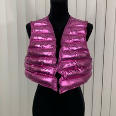 Nwt Julia By Love J Metallic Pink Cropped Puffer Vest Jacket Sleeveless Size Medium, Large, X-Large Sleeveless Vest Cropped Hem Solid Material: 95% Polyester, 5% Spandex Care Instructions: Hand Wash Measurements (Flat): Medium- Bust 18.5” Length 14.5” Large- Bust 19” Length 15” X-Large- Bust 20.5” Length 15.5” Fits True To Size Pink Party Vest For Spring, Pink Fitted Sleeveless Outerwear, Fitted Pink Vest Outerwear, Pink Fitted Vest For Winter, Trendy Fitted Pink Vest, Pink Vest Outerwear For Spring, Sleeveless Summer Party Outerwear, Fitted Pink Vest For Fall, Cropped Puffer Vest