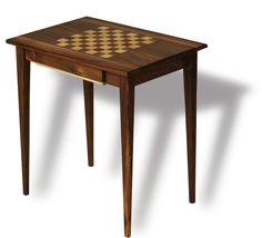 a wooden table with a checkerboard design on it's top and legs