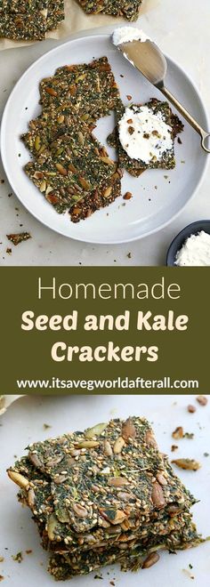 homemade seed and kale crackers on a plate