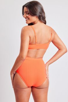 The summer vibes are immaculate in our women’s Life’s A Beach Grommet Trim Bralette Bikini swimsuit. This two-piece bathing suit features silver-tone metal rivets along the top edge and vertical ribbing. The top is detailed with a flattering rounded bralette silhouette and adjustable straps. The high-rise bottom sits up on the waist for a tummy-cinching look that gives you an hourglass shape. Style with your favorite YMI denim shorts and a breezy tank for a summer look you’ll love! Hand wash col Ymi Jeans, Tangerine Color, Love Hand, Hourglass Shape, Sit Up, Rivets, Summer Looks, Bathing Suit, Summer Vibes