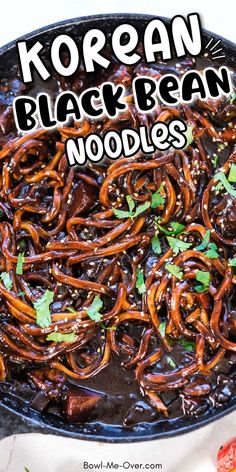 Cast iron pan with thick spaghetti noodles in a black bean sauce with Pinterest overlay. Korean Noodle Recipes, Diced Vegetables, Korean Noodle Dishes, Black Bean Noodles, Bean Noodles, Pantry Recipes, Korean Noodles, Weekly Dinner