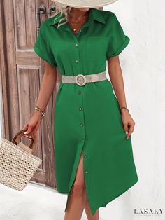 Lasaky - Womens Casual Solid Short Sleeve Button Front Shirt Dress for Summer, Belt Not Included Green Solid Color Shirt Dress For Summer, Summer Green Solid Color Shirt Dress, Button-up Shirt Dress For Beach In Solid Color, Solid Color Button-up Shirt Dress For Beach, Button-up Shirt Dress In Solid Color For Beach, Button-up Solid Color Shirt Dress For Beach, Green Shirt Dress With Pockets For Day Out, Solid Button-up Shirt Dress For Vacation, Casual Collared Shirt Dress With Single Breasted Detail